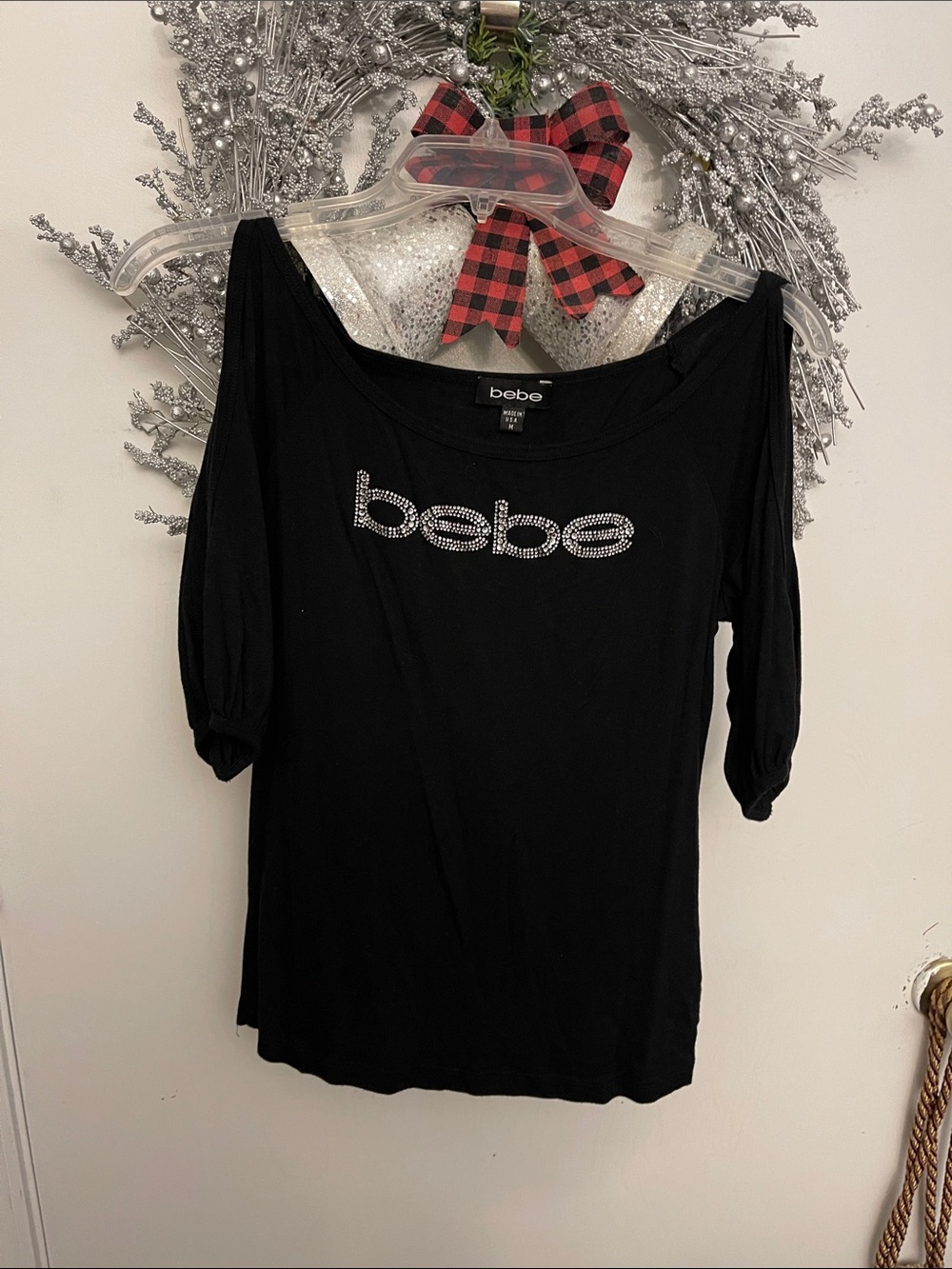 bebe Black Off-Shoulder Rhinestone Logo Tee